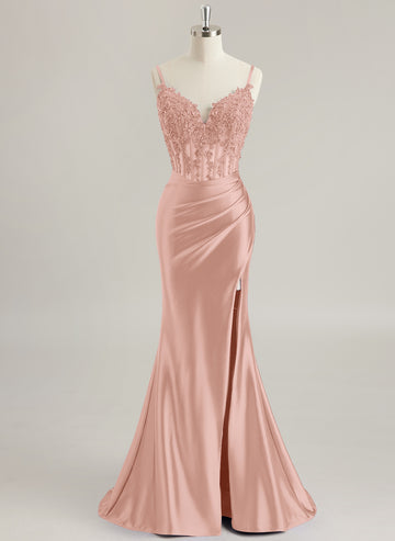 Trumpet/Mermaid V-Neck Sweep Train Jersey Prom Dresses With Rhinestone Appliques Lace Sequins Beading